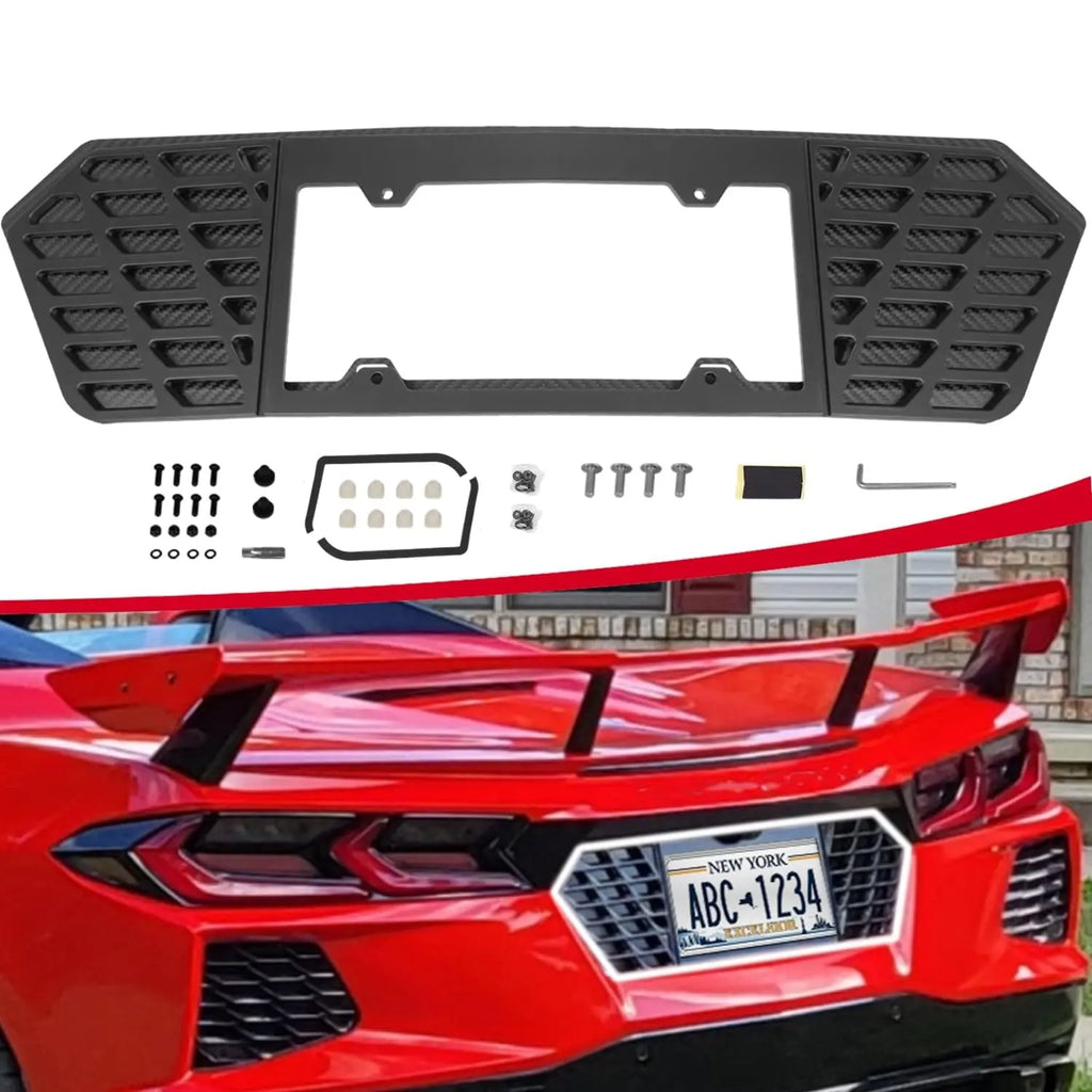 Aluminum C8 License Plate Frame with Carbon Fiber Background-1